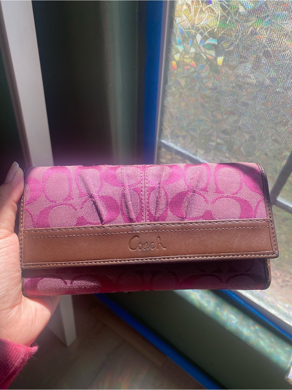 Coach Purple Pleated Wallet with Brown Leather Trim